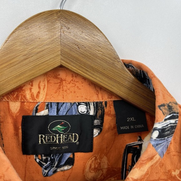 RedHead Short Sleeve Button Shirt Men's 2XL Orange Classic Cars Hawaiian Vtg - Picture 5 of 9